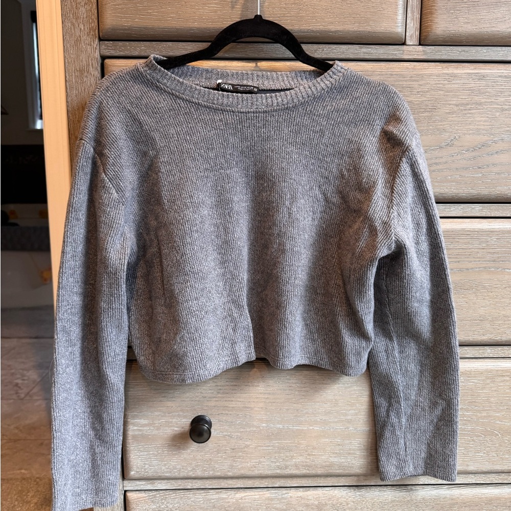 Zara Gray Crew Neck Cropped Sweater